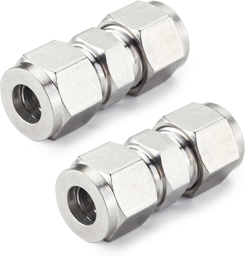 Yoebor Metalwork 304 Stainless Steel Compression Tube Fitting, Union W/Double Ferrule, 6mm Tube OD x 6mm Tube OD (2 Pcs) - Image 1